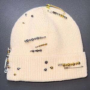 Embellished Cream Beanie with Safety Pins